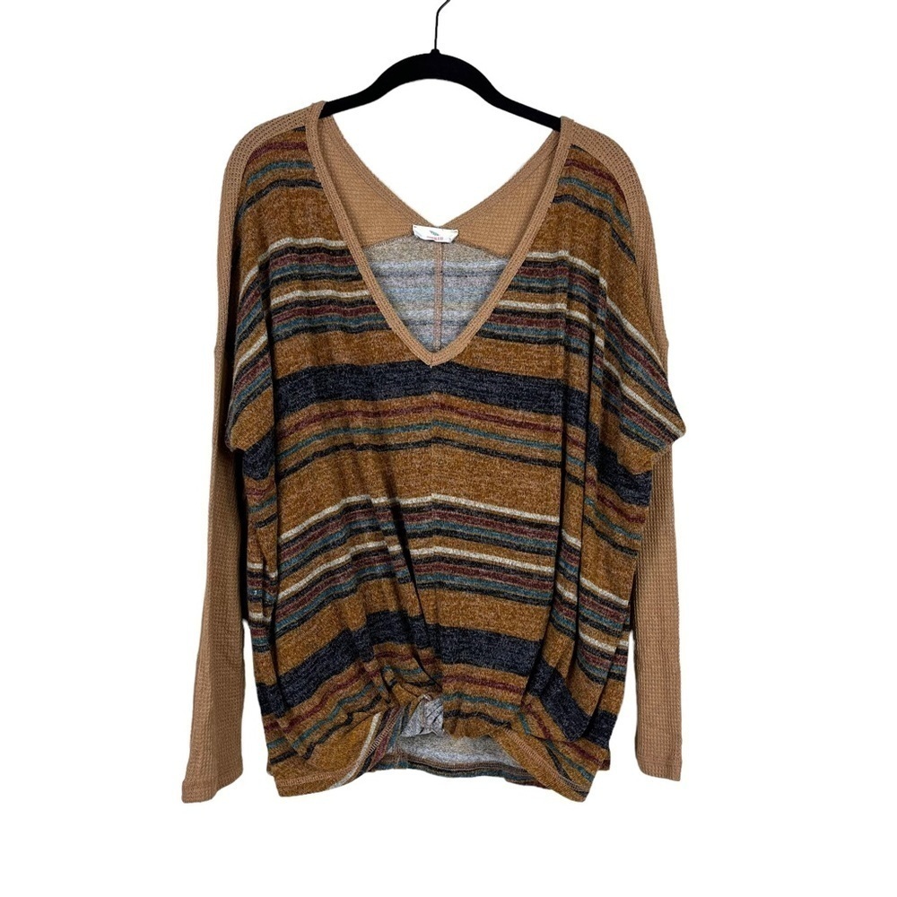Hummingbird Brown Striped V-Neck Twist Front Long Sleeve Sweater Size M